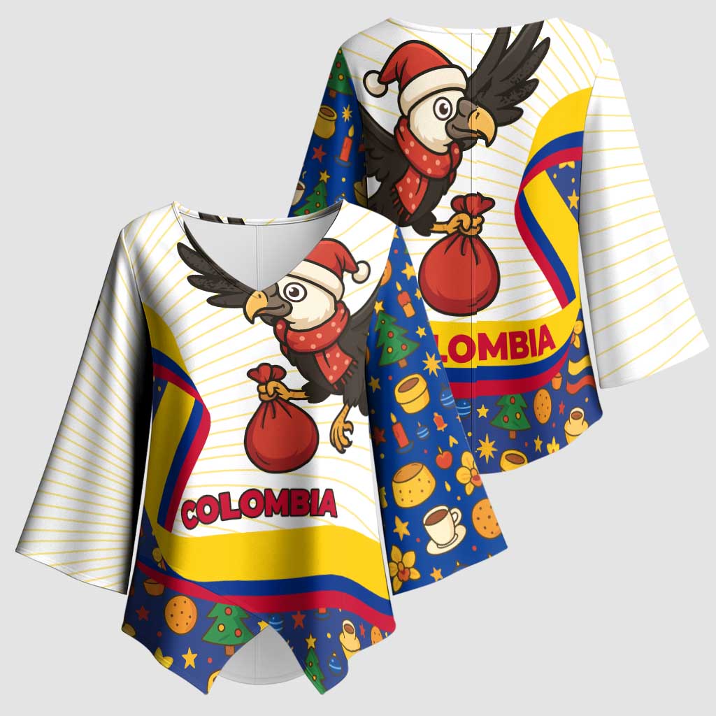 Colombia Christmas Kimono Sleeve Blouse with Santa Condor Gift Bag and Holiday Food Pattern - Wonder Print Shop