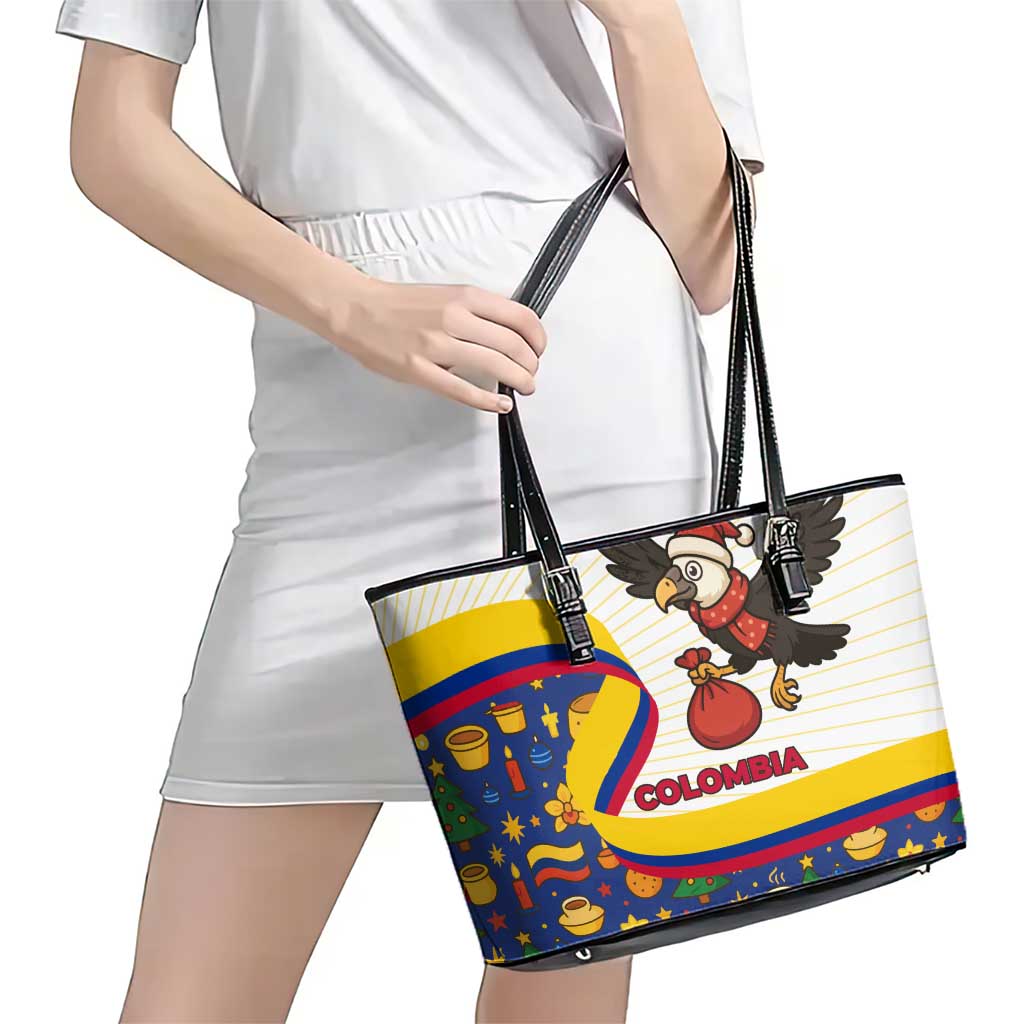 Colombia Christmas Leather Tote Bag with Santa Condor Gift Bag and Holiday Food Pattern - Wonder Print Shop