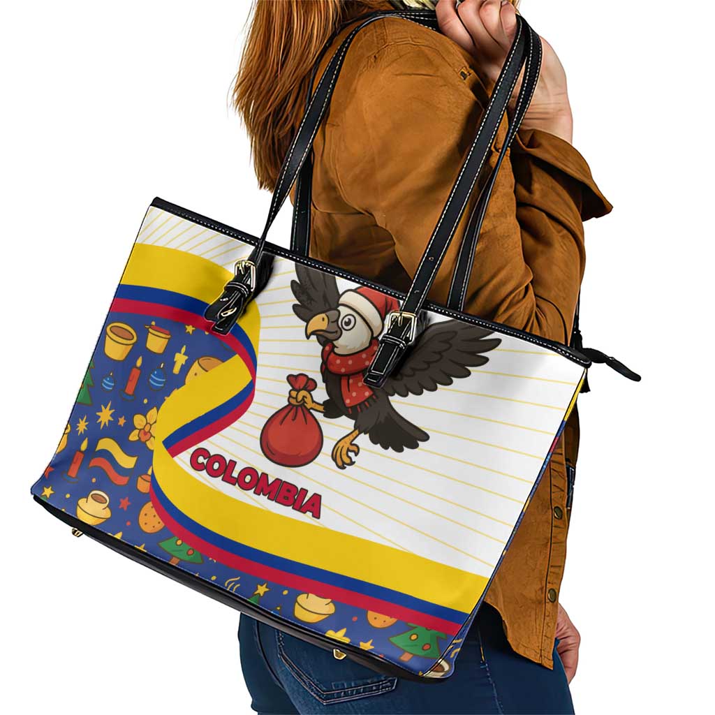 Colombia Christmas Leather Tote Bag with Santa Condor Gift Bag and Holiday Food Pattern - Wonder Print Shop