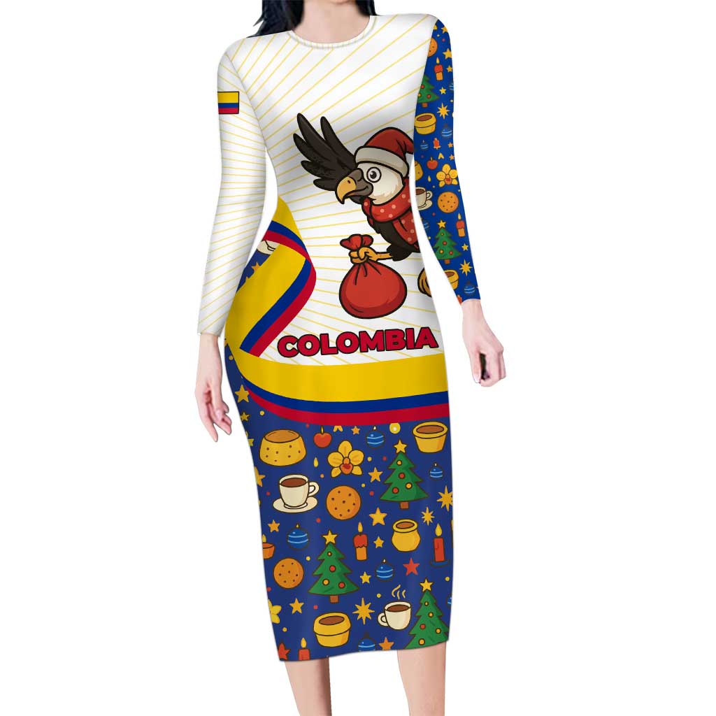 Colombia Christmas Long Sleeve Bodycon Dress with Santa Condor Gift Bag and Holiday Food Pattern - Wonder Print Shop