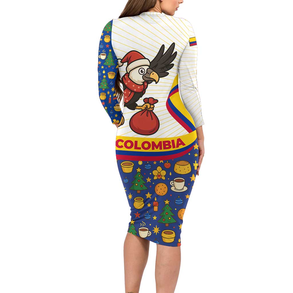 Colombia Christmas Long Sleeve Bodycon Dress with Santa Condor Gift Bag and Holiday Food Pattern - Wonder Print Shop