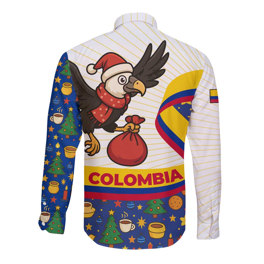 Colombia Christmas Long Sleeve Button Shirt with Santa Condor Gift Bag and Holiday Food Pattern - Wonder Print Shop