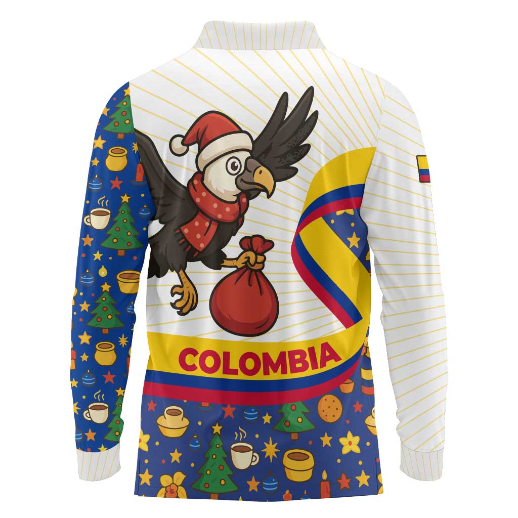 Colombia Christmas Long Sleeve Polo Shirt with Santa Condor Gift Bag and Holiday Food Pattern - Wonder Print Shop