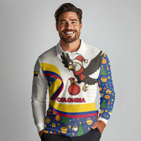 Colombia Christmas Long Sleeve Polo Shirt with Santa Condor Gift Bag and Holiday Food Pattern - Wonder Print Shop