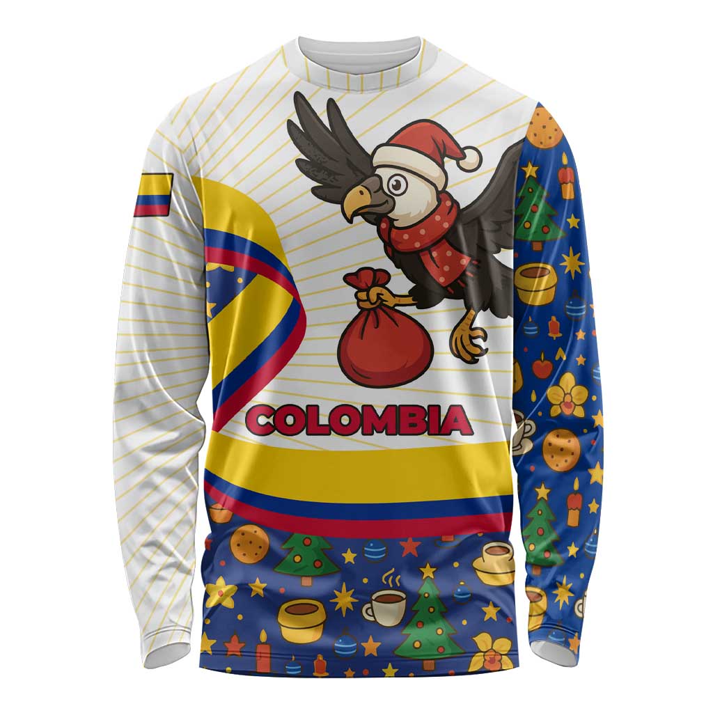 Colombia Christmas Long Sleeve Shirt with Santa Condor Gift Bag and Holiday Food Pattern - Wonder Print Shop