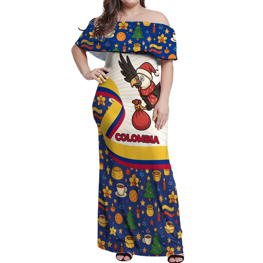 Colombia Christmas Off Shoulder Maxi Dress with Santa Condor Gift Bag and Holiday Food Pattern - Wonder Print Shop