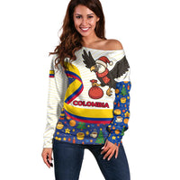 Colombia Christmas Off Shoulder Sweater with Santa Condor Gift Bag and Holiday Food Pattern - Wonder Print Shop