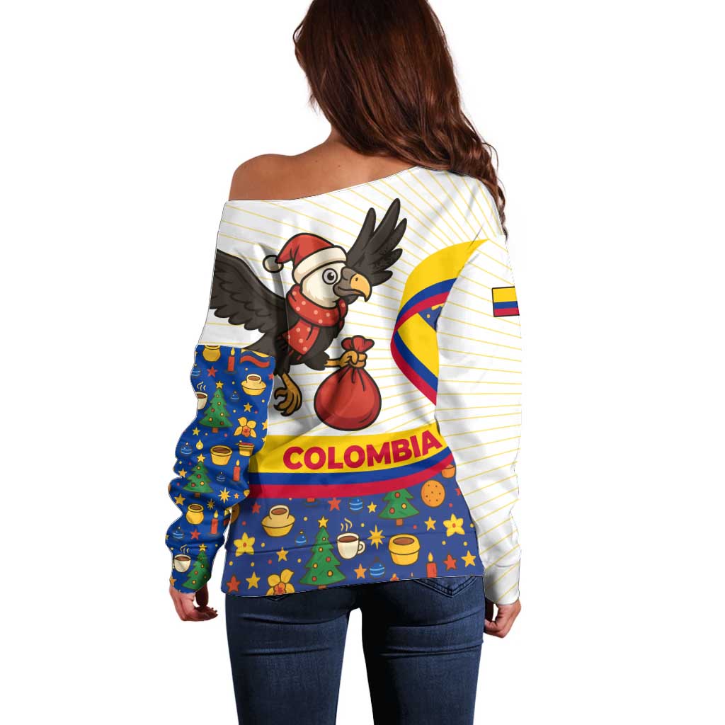 Colombia Christmas Off Shoulder Sweater with Santa Condor Gift Bag and Holiday Food Pattern - Wonder Print Shop