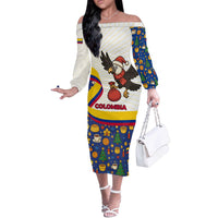 Colombia Christmas Off The Shoulder Long Sleeve Dress with Santa Condor Gift Bag and Holiday Food Pattern - Wonder Print Shop