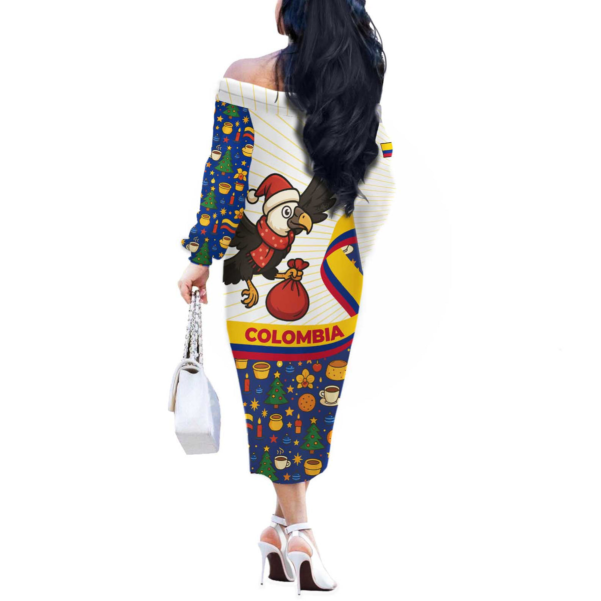 Colombia Christmas Off The Shoulder Long Sleeve Dress with Santa Condor Gift Bag and Holiday Food Pattern - Wonder Print Shop