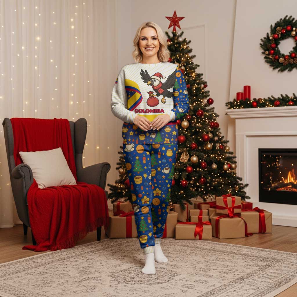 Colombia Christmas Pajama Set with Santa Condor Gift Bag and Holiday Food Pattern - Wonder Print Shop