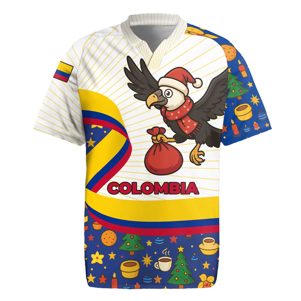 Colombia Christmas Rugby Jersey with Santa Condor Gift Bag and Holiday Food Pattern - Wonder Print Shop