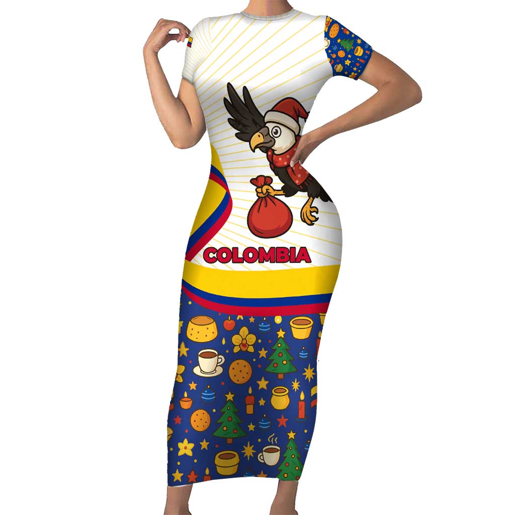 Colombia Christmas Short Sleeve Bodycon Dress with Santa Condor Gift Bag and Holiday Food Pattern - Wonder Print Shop