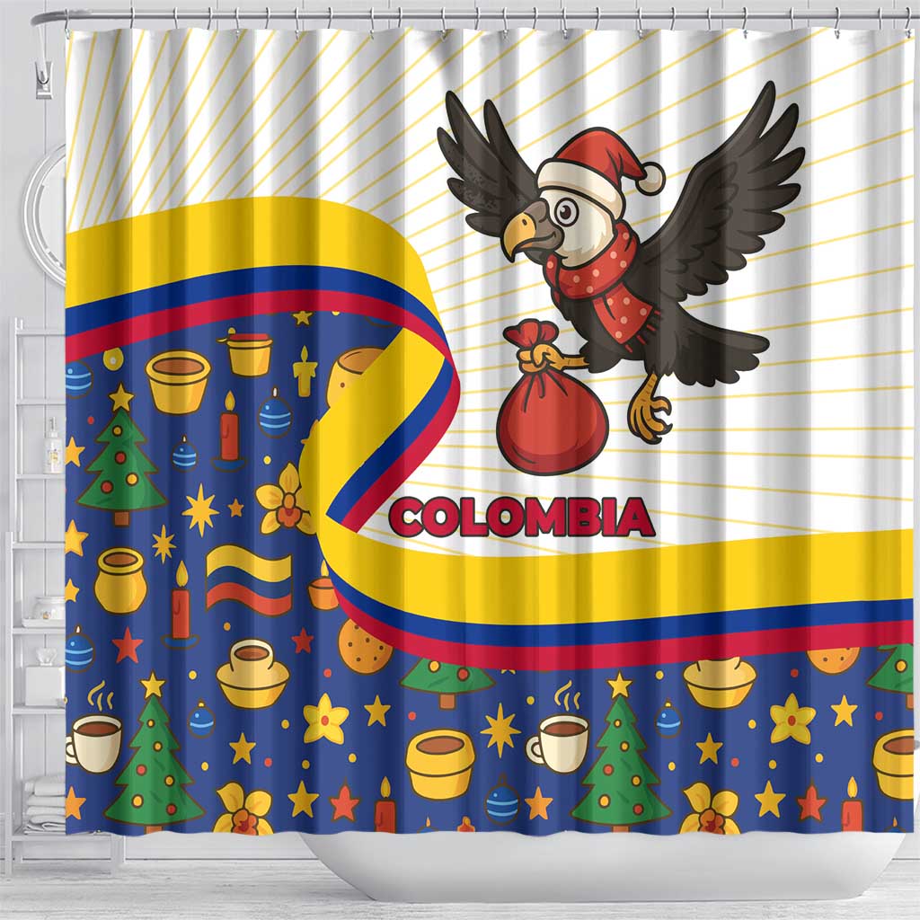 Colombia Christmas Shower Curtain with Santa Condor Gift Bag and Holiday Food Pattern - Wonder Print Shop