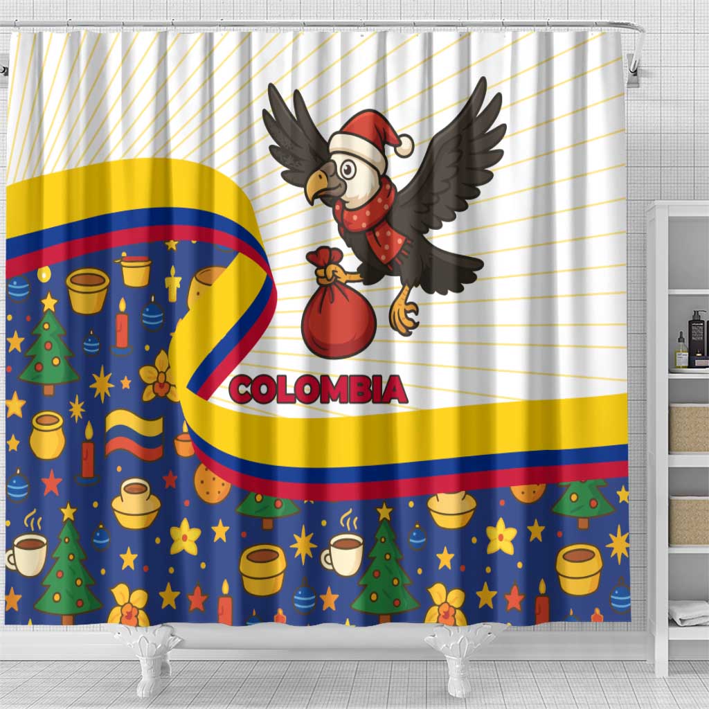 Colombia Christmas Shower Curtain with Santa Condor Gift Bag and Holiday Food Pattern - Wonder Print Shop