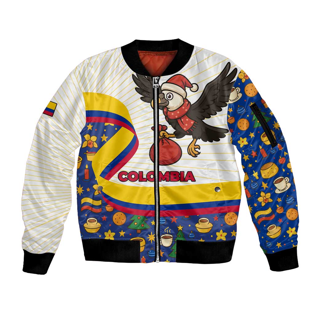 Colombia Christmas Sleeve Zip Bomber Jacket with Santa Condor Gift Bag and Holiday Food Pattern - Wonder Print Shop