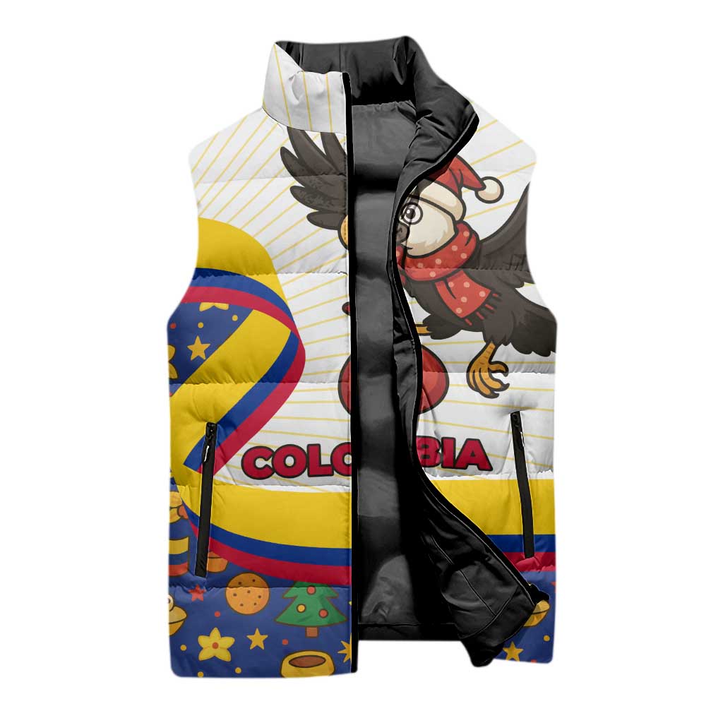 Colombia Christmas Sleeveless Puffer Jacket with Santa Condor Gift Bag and Holiday Food Pattern - Wonder Print Shop