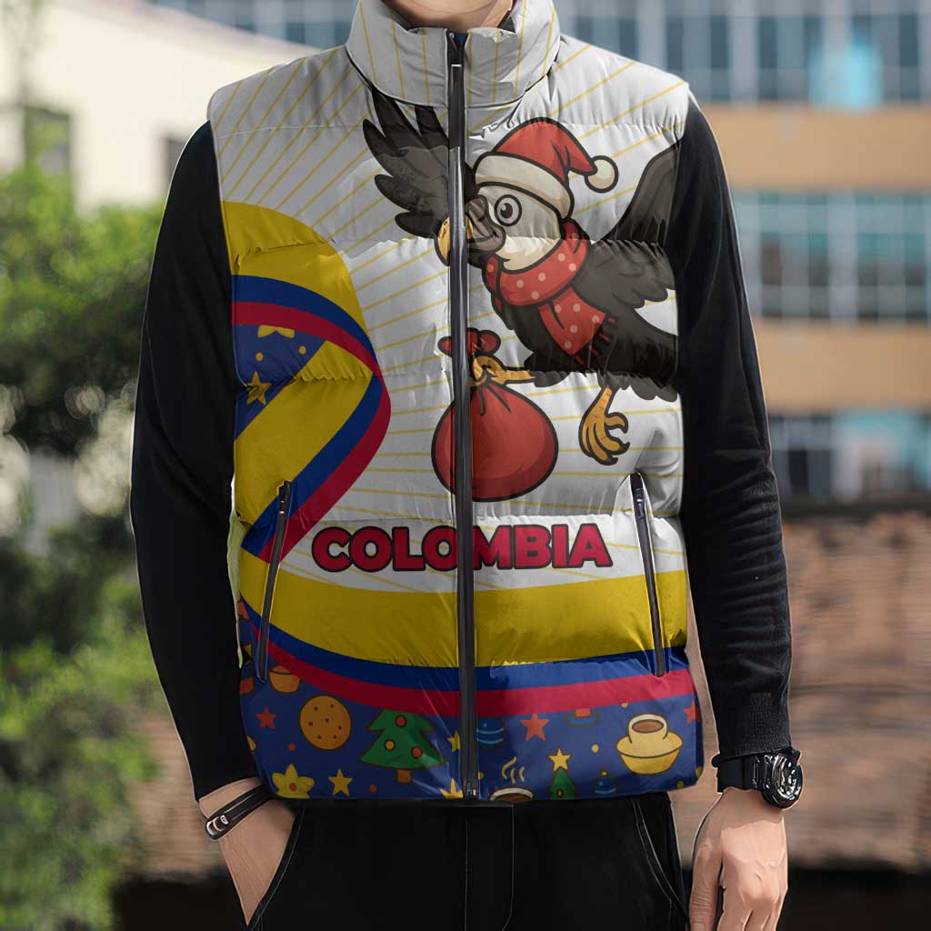 Colombia Christmas Sleeveless Puffer Jacket with Santa Condor Gift Bag and Holiday Food Pattern - Wonder Print Shop
