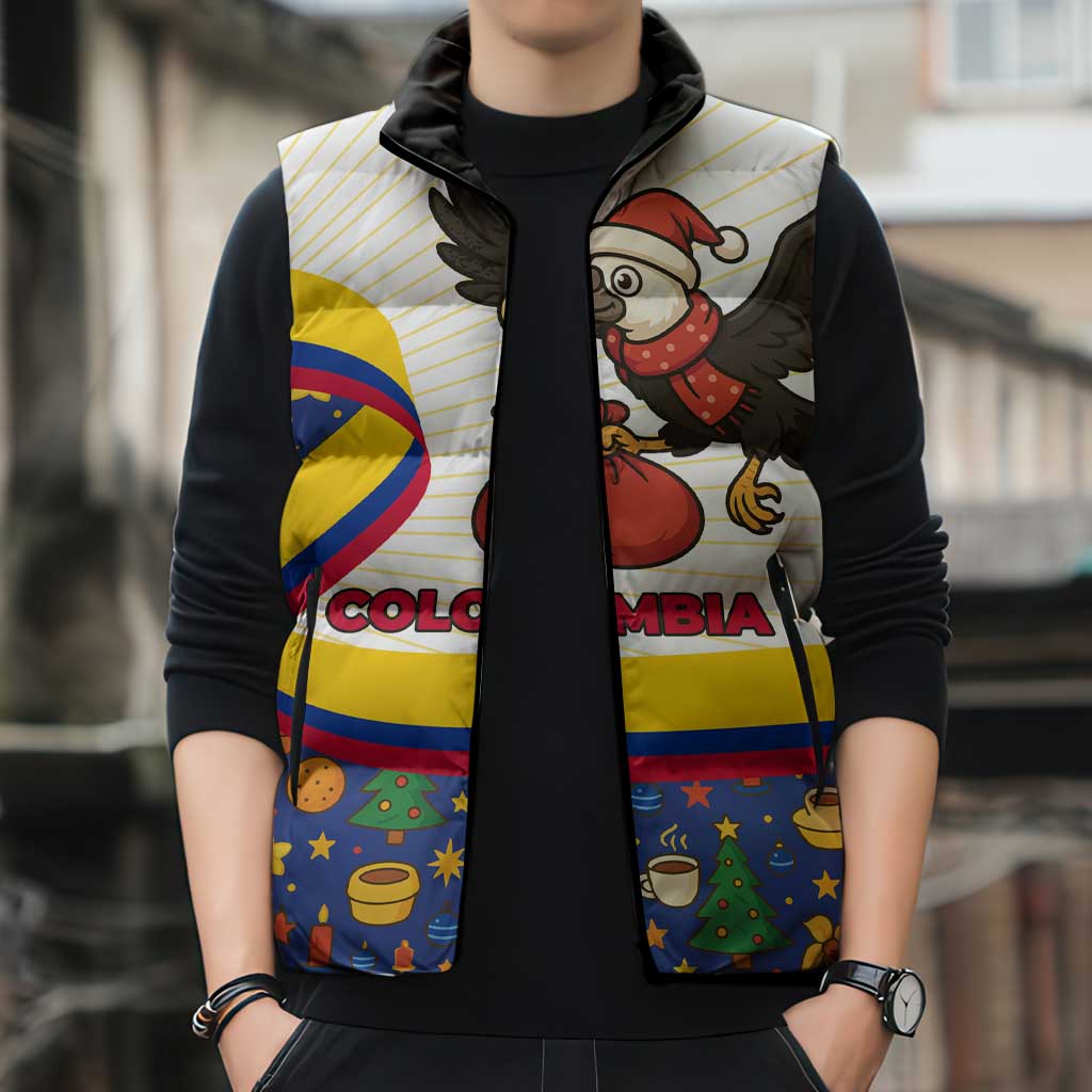 Colombia Christmas Sleeveless Puffer Jacket with Santa Condor Gift Bag and Holiday Food Pattern - Wonder Print Shop