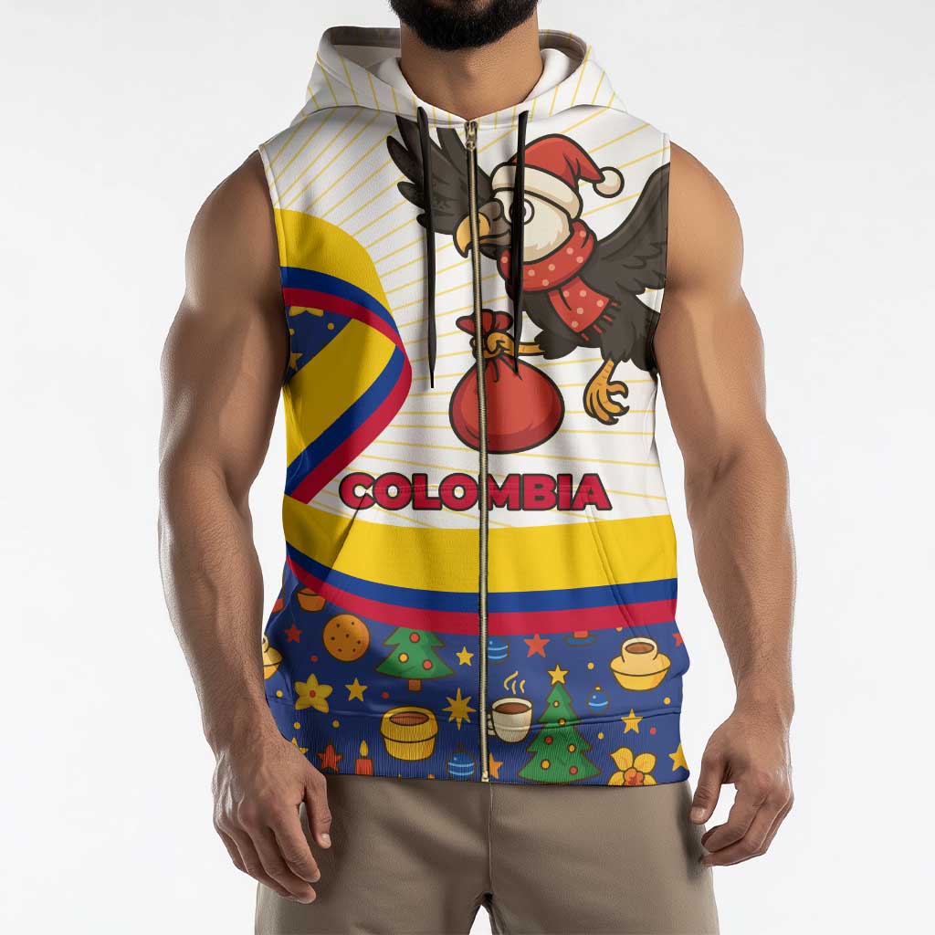 Colombia Christmas Sleeveless Zip Hoodie with Santa Condor Gift Bag and Holiday Food Pattern - Wonder Print Shop