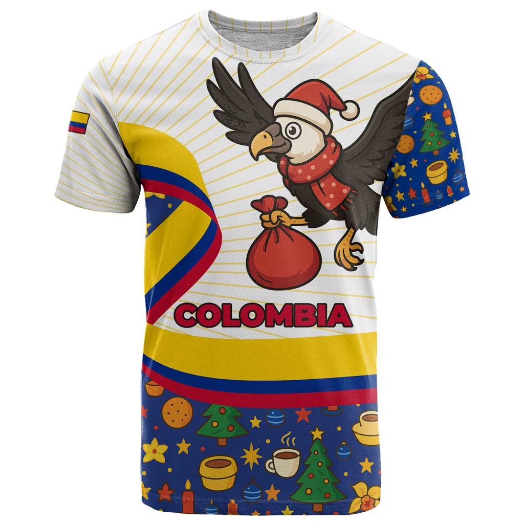 Colombia Christmas T Shirt with Santa Condor Gift Bag and Holiday Food Pattern - Wonder Print Shop