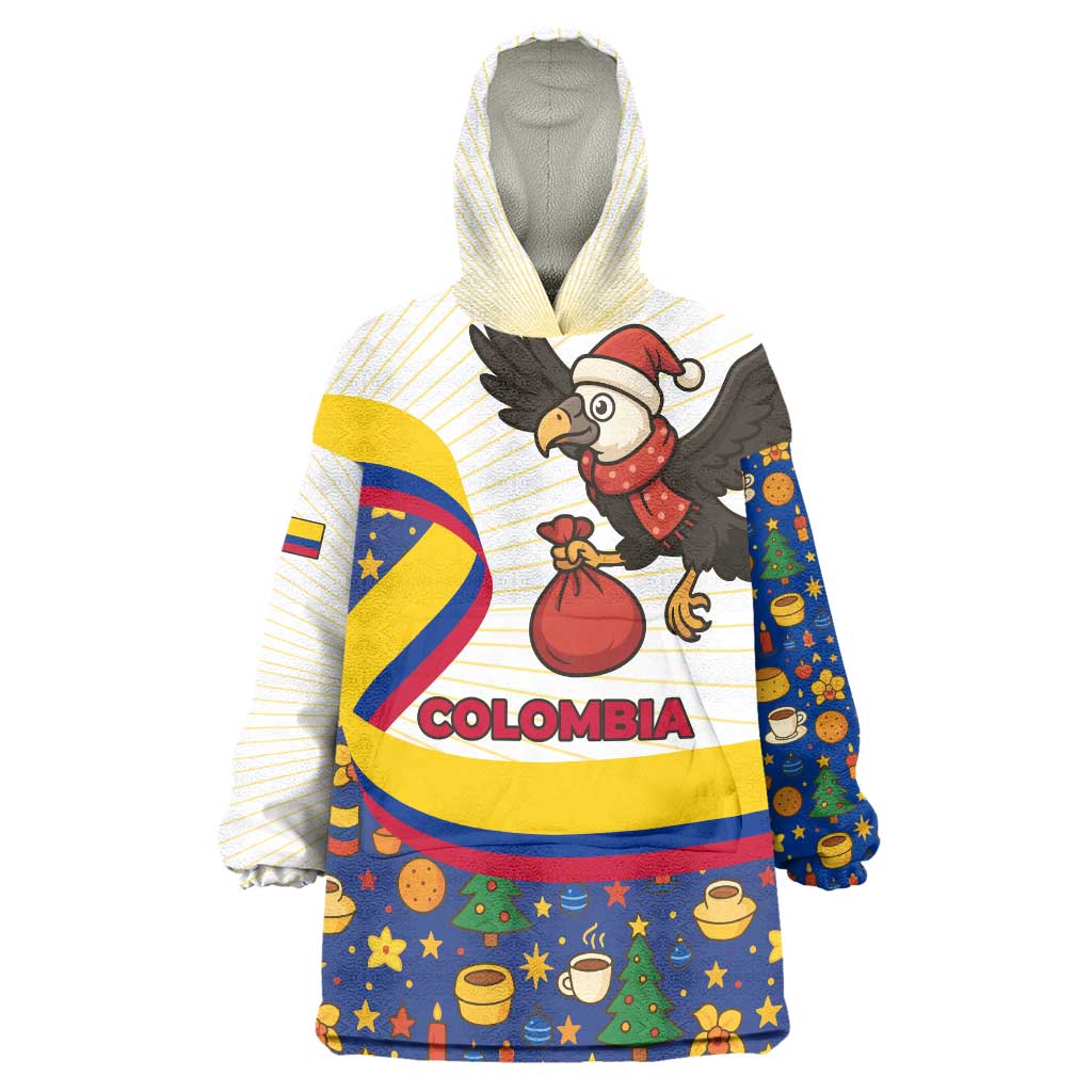 Colombia Christmas Wearable Blanket Hoodie with Santa Condor Gift Bag and Holiday Food Pattern - Wonder Print Shop