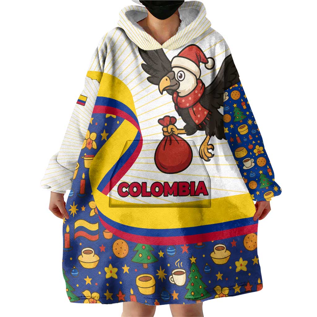 Colombia Christmas Wearable Blanket Hoodie with Santa Condor Gift Bag and Holiday Food Pattern - Wonder Print Shop