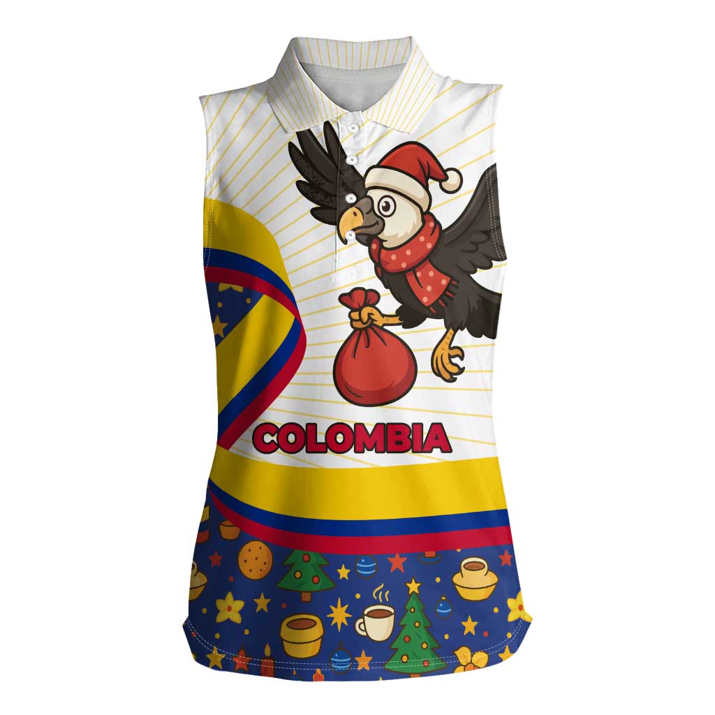 Colombia Christmas Women Sleeveless Polo Shirt with Santa Condor Gift Bag and Holiday Food Pattern - Wonder Print Shop