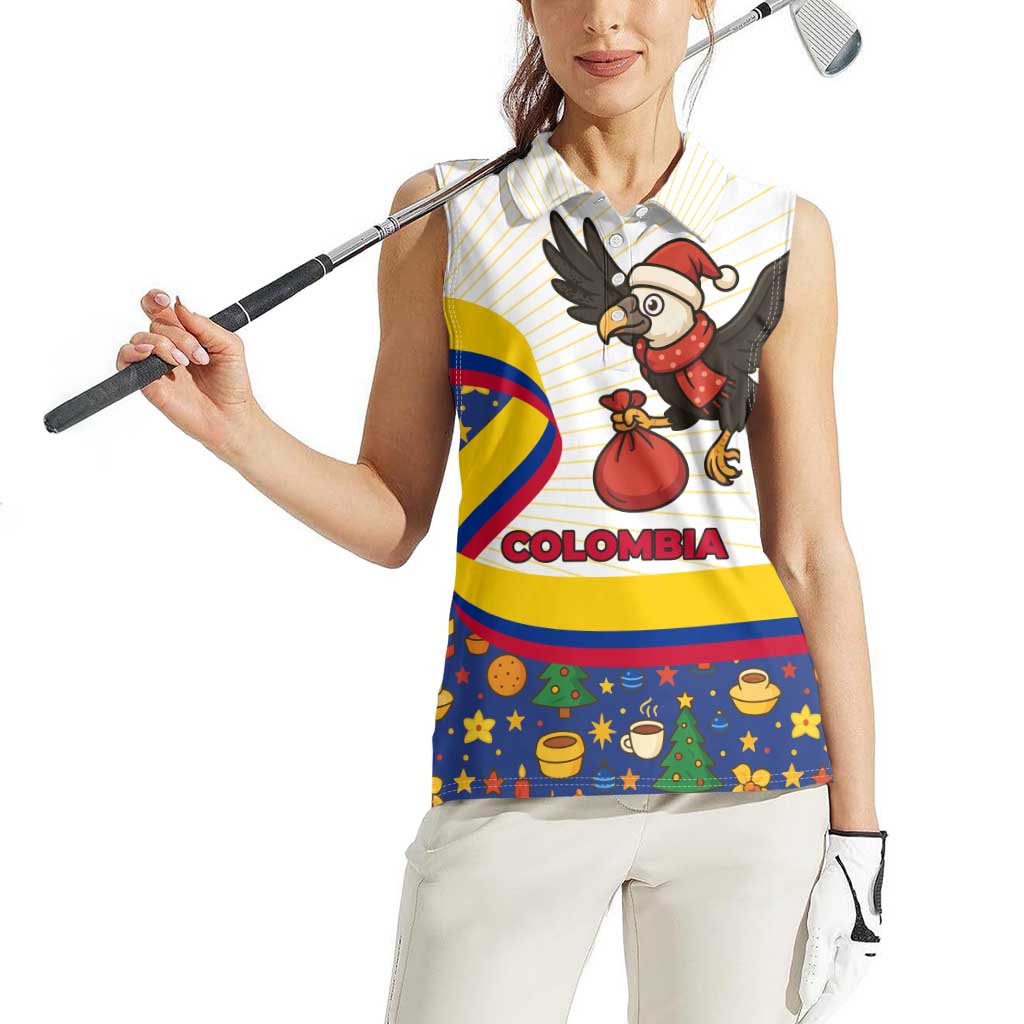 Colombia Christmas Women Sleeveless Polo Shirt with Santa Condor Gift Bag and Holiday Food Pattern - Wonder Print Shop