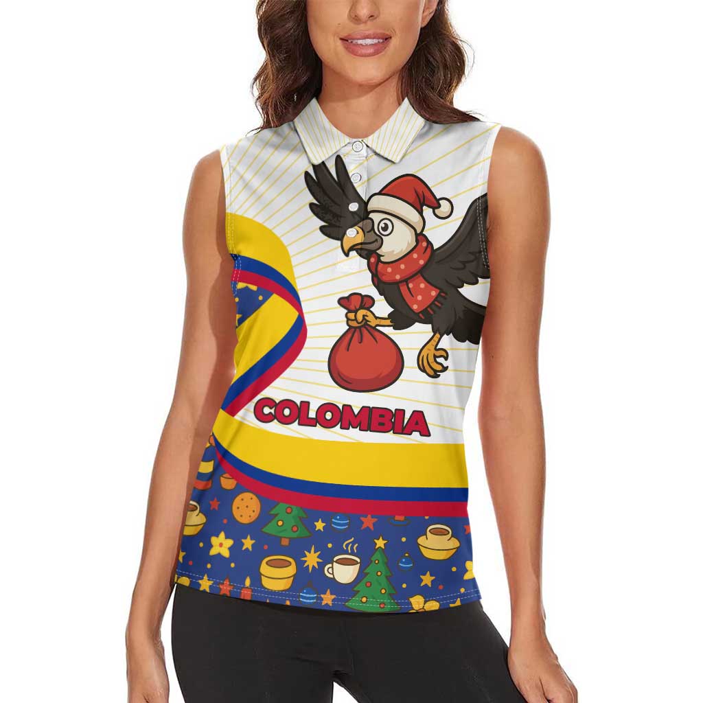 Colombia Christmas Women Sleeveless Polo Shirt with Santa Condor Gift Bag and Holiday Food Pattern - Wonder Print Shop