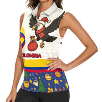 Colombia Christmas Women Sleeveless Polo Shirt with Santa Condor Gift Bag and Holiday Food Pattern - Wonder Print Shop