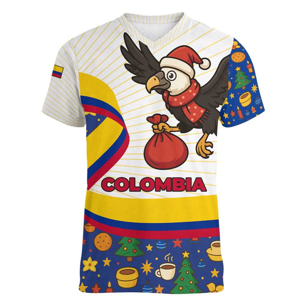 Colombia Christmas Women V-Neck T-Shirt with Santa Condor Gift Bag and Holiday Food Pattern - Wonder Print Shop