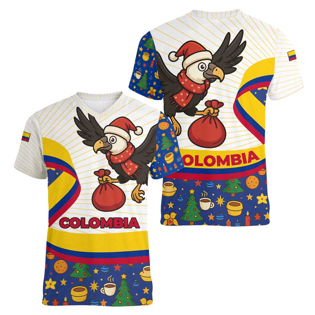 Colombia Christmas Women V-Neck T-Shirt with Santa Condor Gift Bag and Holiday Food Pattern - Wonder Print Shop