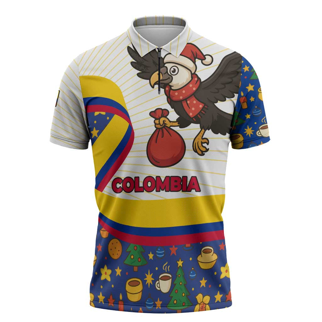 Colombia Christmas Zipper Polo Shirt with Santa Condor Gift Bag and Holiday Food Pattern - Wonder Print Shop