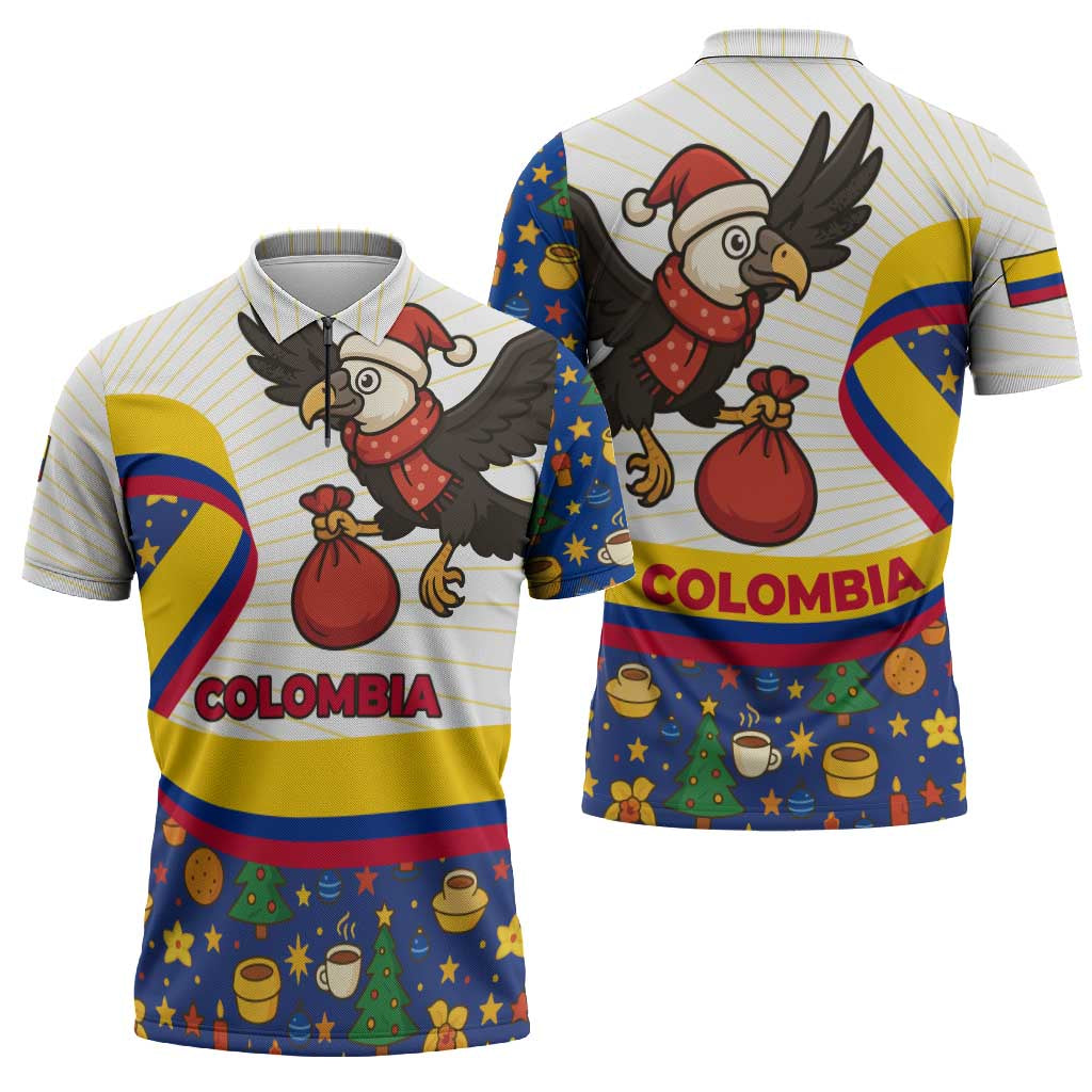 Colombia Christmas Zipper Polo Shirt with Santa Condor Gift Bag and Holiday Food Pattern - Wonder Print Shop