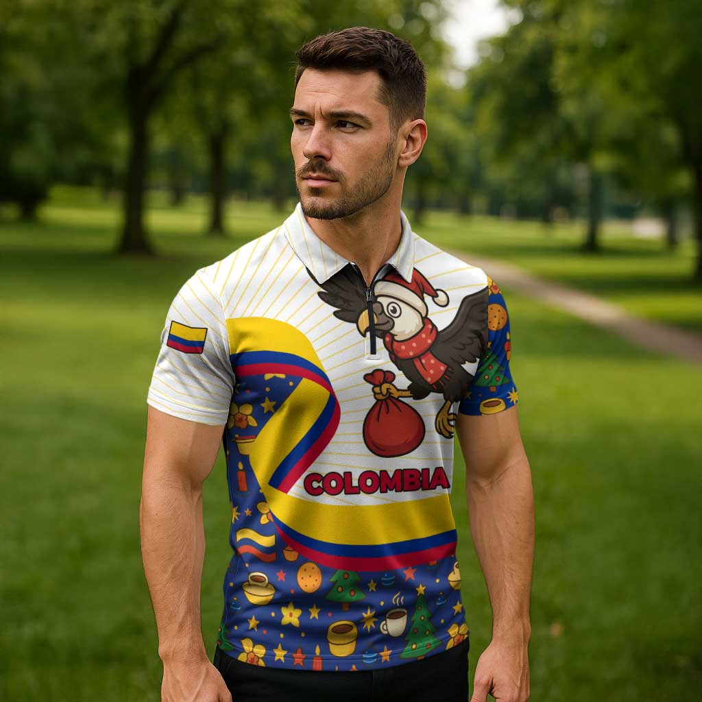 Colombia Christmas Zipper Polo Shirt with Santa Condor Gift Bag and Holiday Food Pattern - Wonder Print Shop