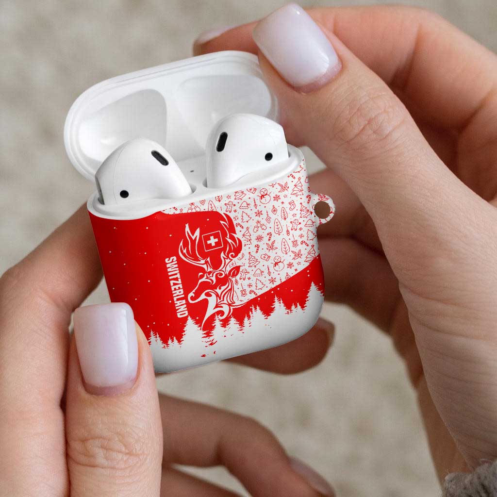 Switzerland Christmas AirPods Case with Red Reindeer Snow Forest and Holiday Icon - Wonder Print Shop