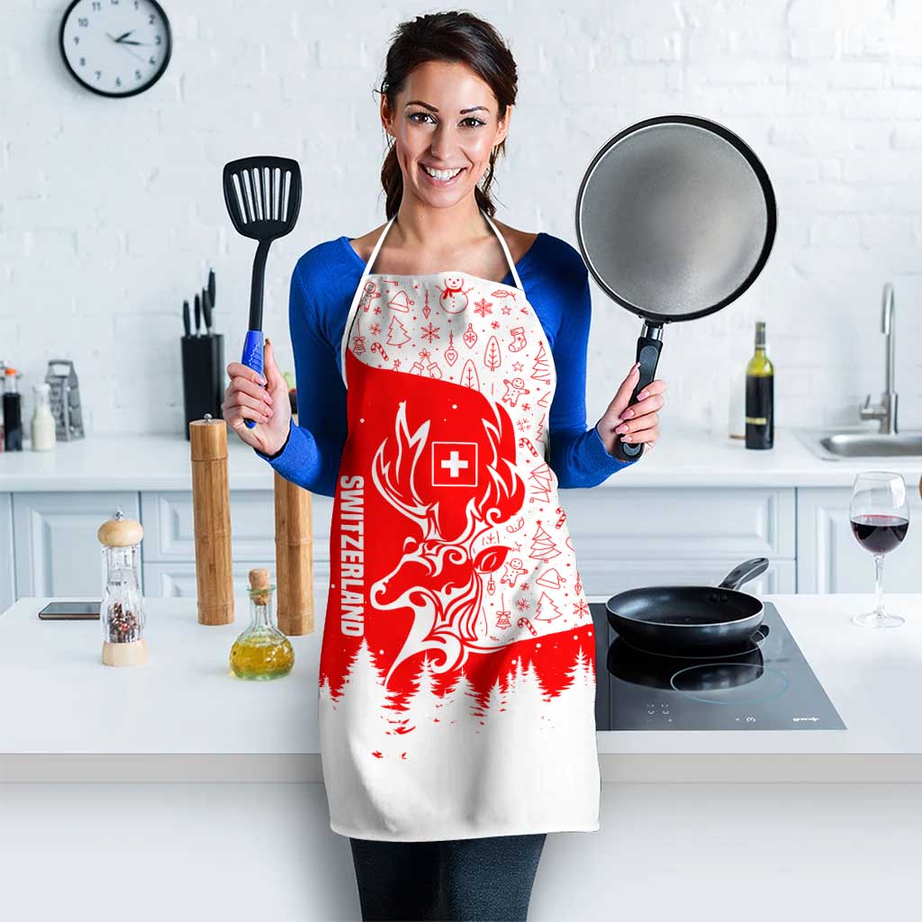 Switzerland Christmas Apron with Red Reindeer Snow Forest and Holiday Icon - Wonder Print Shop