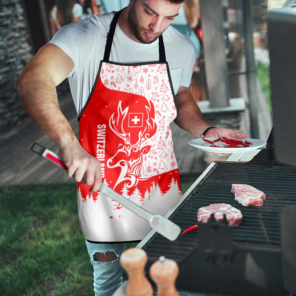 Switzerland Christmas Apron with Red Reindeer Snow Forest and Holiday Icon - Wonder Print Shop