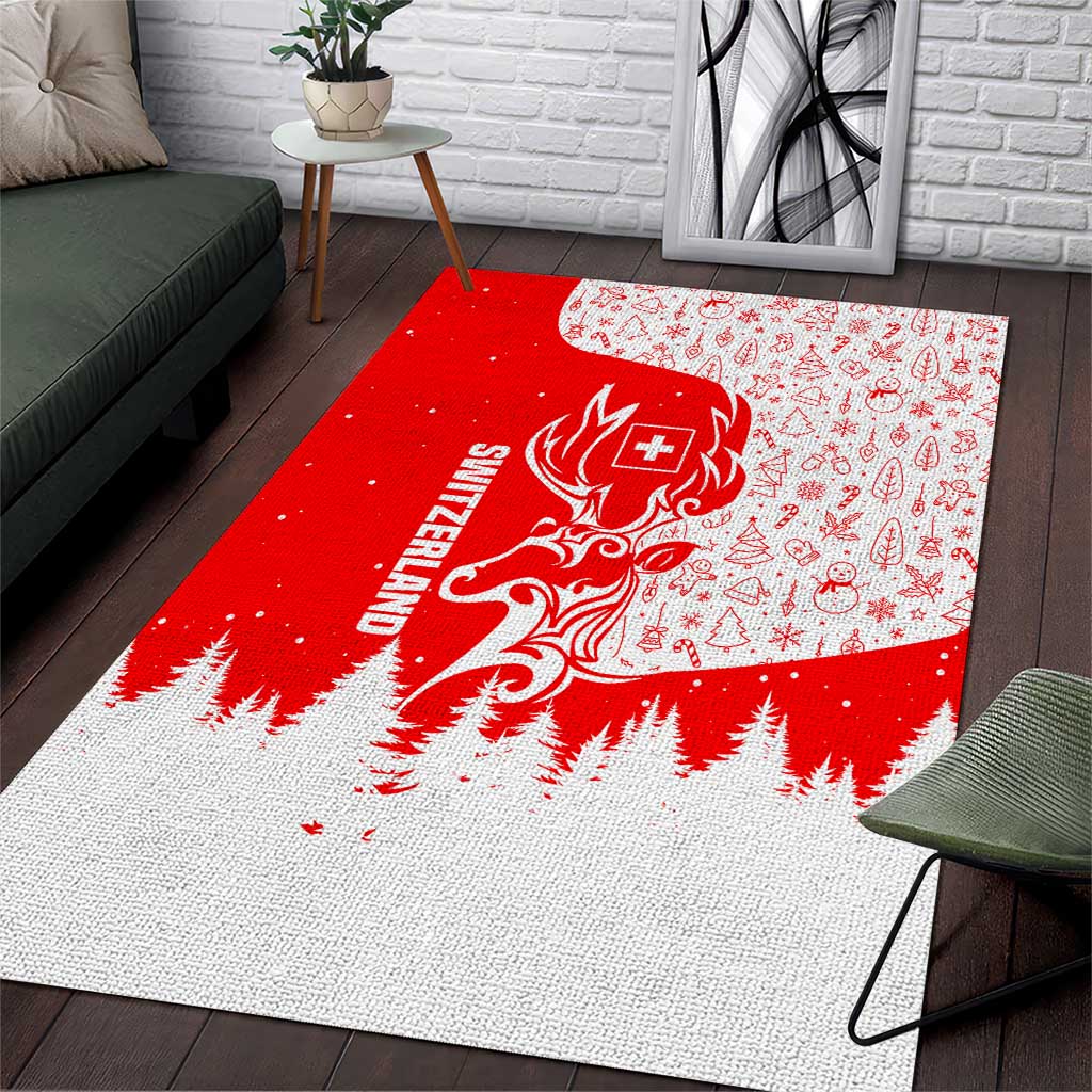 Switzerland Christmas Area Rug with Red Reindeer Snow Forest and Holiday Icon - Wonder Print Shop