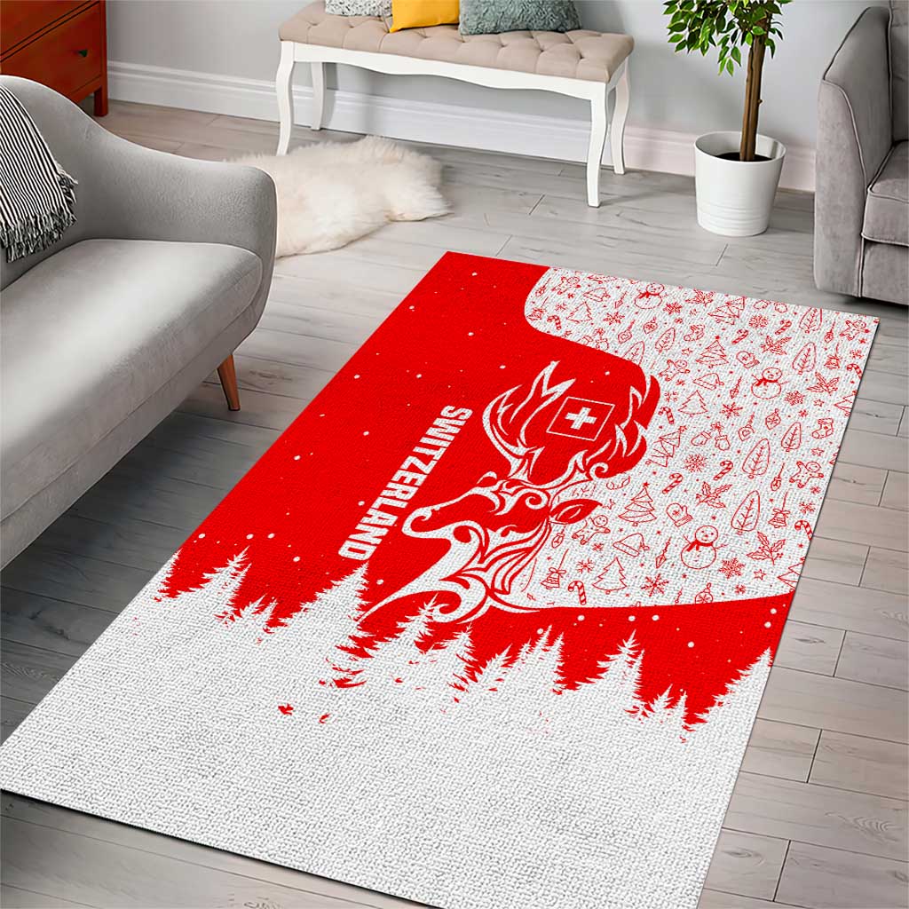 Switzerland Christmas Area Rug with Red Reindeer Snow Forest and Holiday Icon - Wonder Print Shop