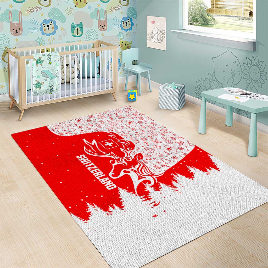Switzerland Christmas Area Rug with Red Reindeer Snow Forest and Holiday Icon - Wonder Print Shop