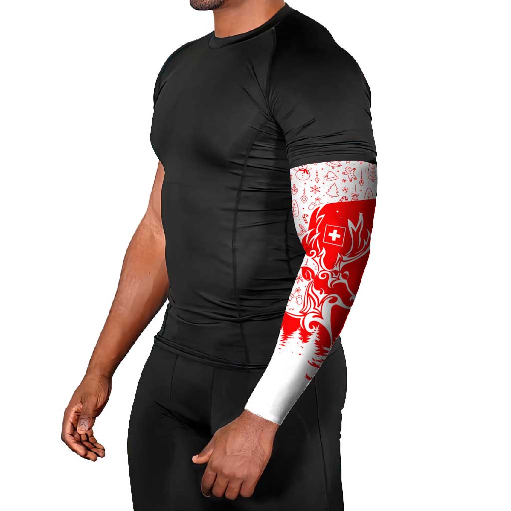 Switzerland Christmas Arm Sleeves with Red Reindeer Snow Forest and Holiday Icon - Wonder Print Shop