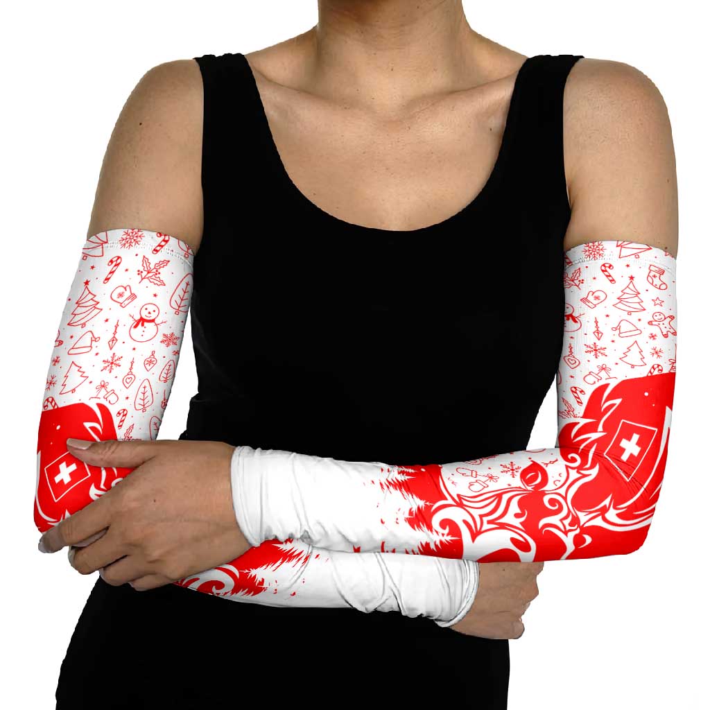 Switzerland Christmas Arm Sleeves with Red Reindeer Snow Forest and Holiday Icon - Wonder Print Shop