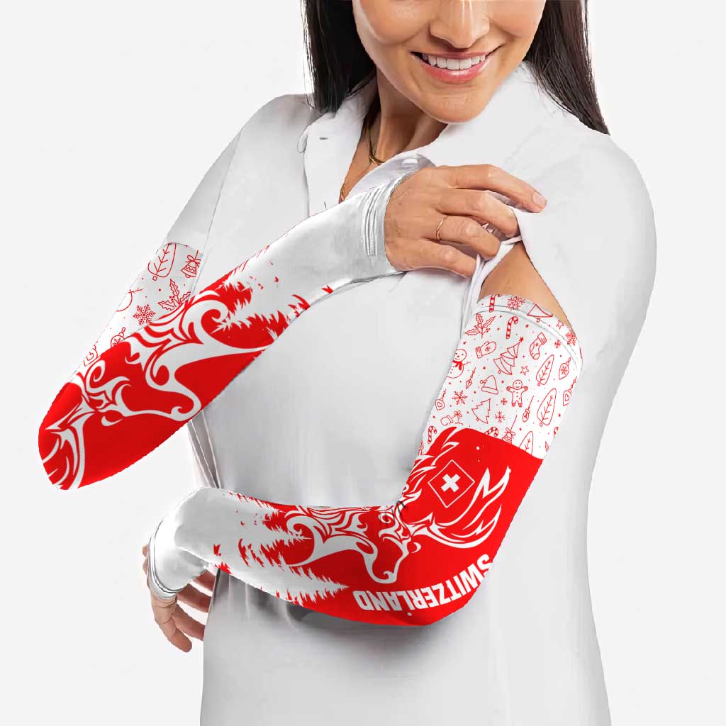 Switzerland Christmas Arm Sleeves with Red Reindeer Snow Forest and Holiday Icon - Wonder Print Shop