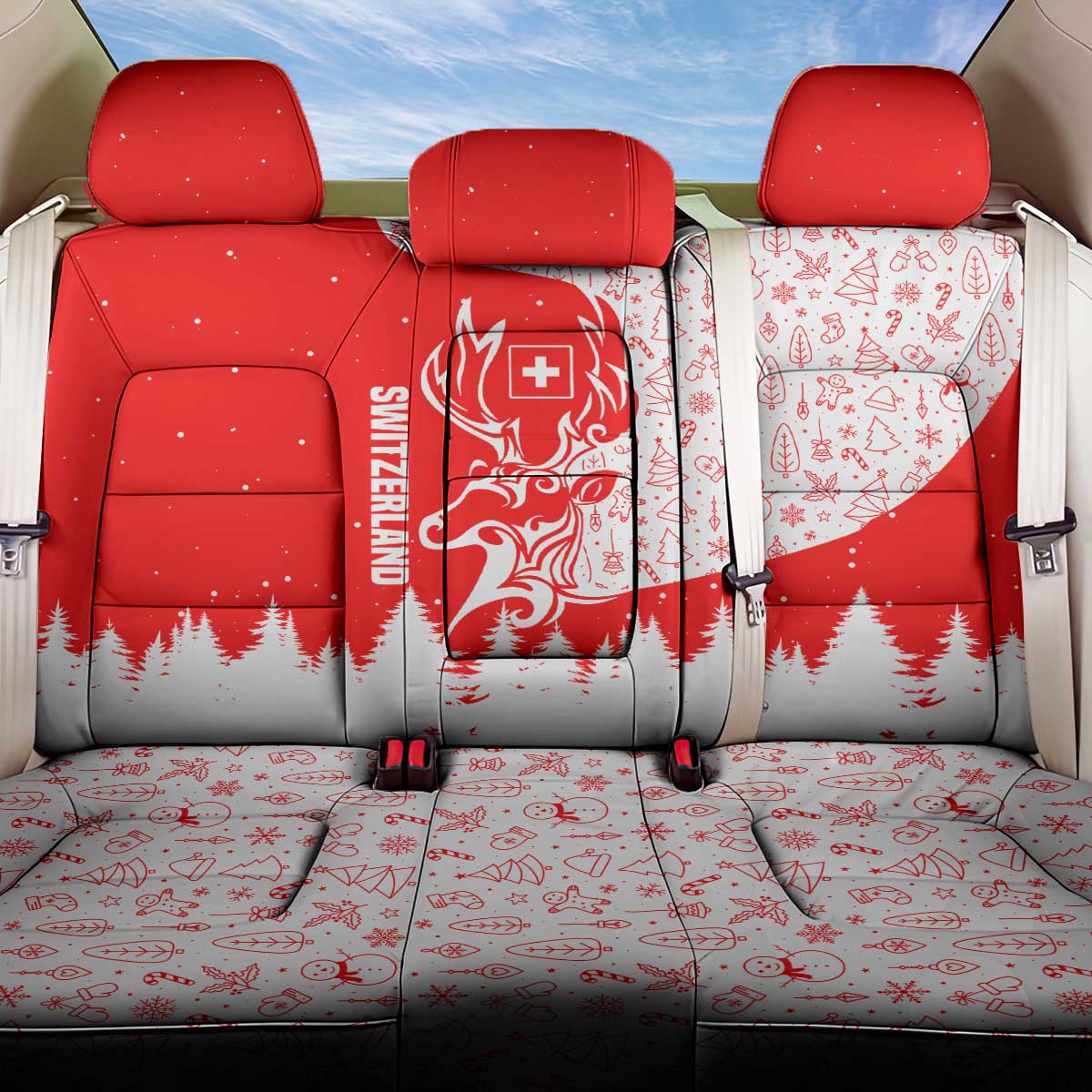 Switzerland Christmas Back Car Seat Cover with Red Reindeer Snow Forest and Holiday Icon - Wonder Print Shop