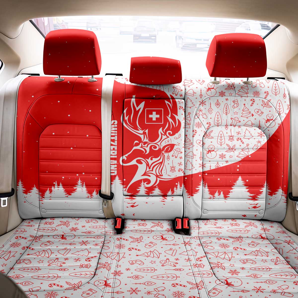 Switzerland Christmas Back Car Seat Cover with Red Reindeer Snow Forest and Holiday Icon - Wonder Print Shop