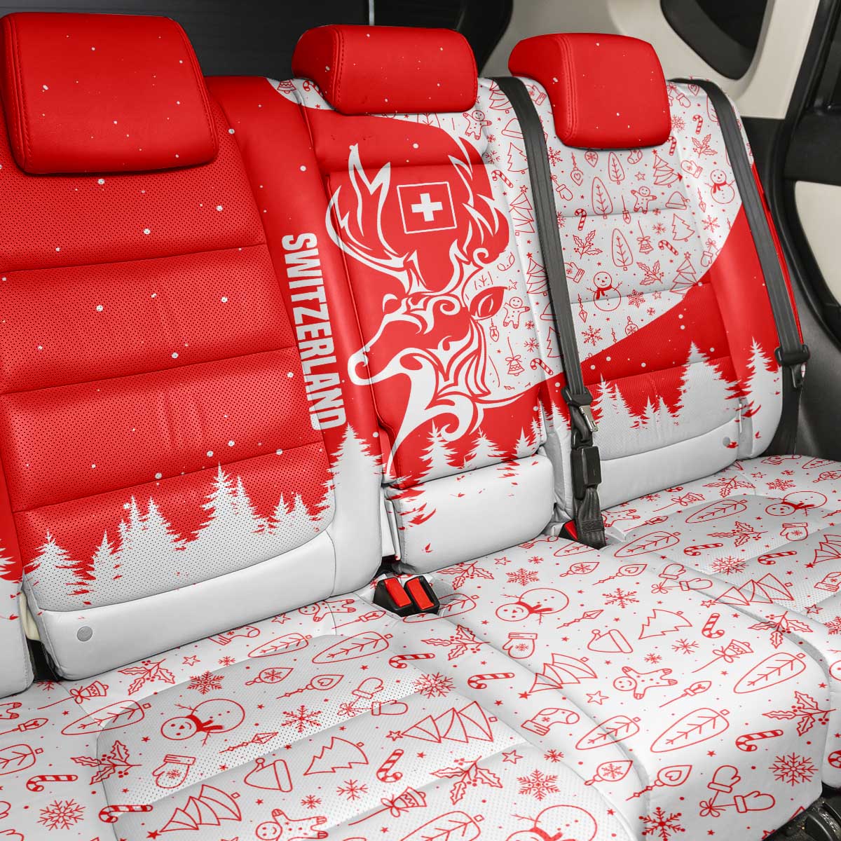 Switzerland Christmas Back Car Seat Cover with Red Reindeer Snow Forest and Holiday Icon - Wonder Print Shop