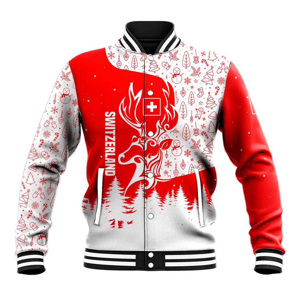 Switzerland Christmas Baseball Jacket with Red Reindeer Snow Forest and Holiday Icon - Wonder Print Shop