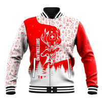 Switzerland Christmas Baseball Jacket with Red Reindeer Snow Forest and Holiday Icon - Wonder Print Shop